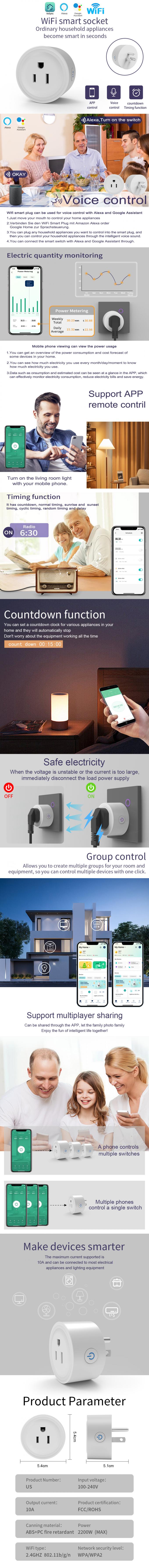 электророзетка Wifi управлением Romote ПРИЛОЖЕНИЯ гнезда 2000W Tuya 60Hz WiFi умная 0